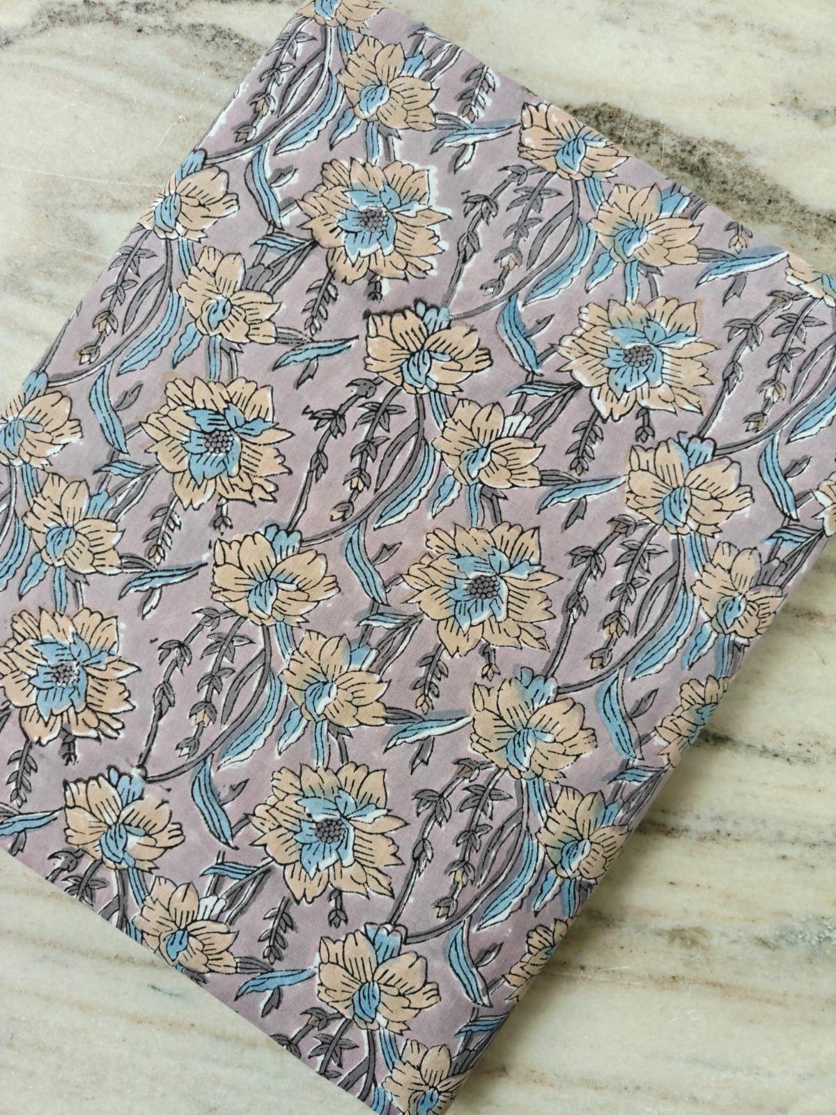 Purple Floral Cotton Fabric, Hand Block Print Fabric by the Yard, Indian Soft Cotton Yellow Blue Flowers for Quilting, Sewing, Dressmaking