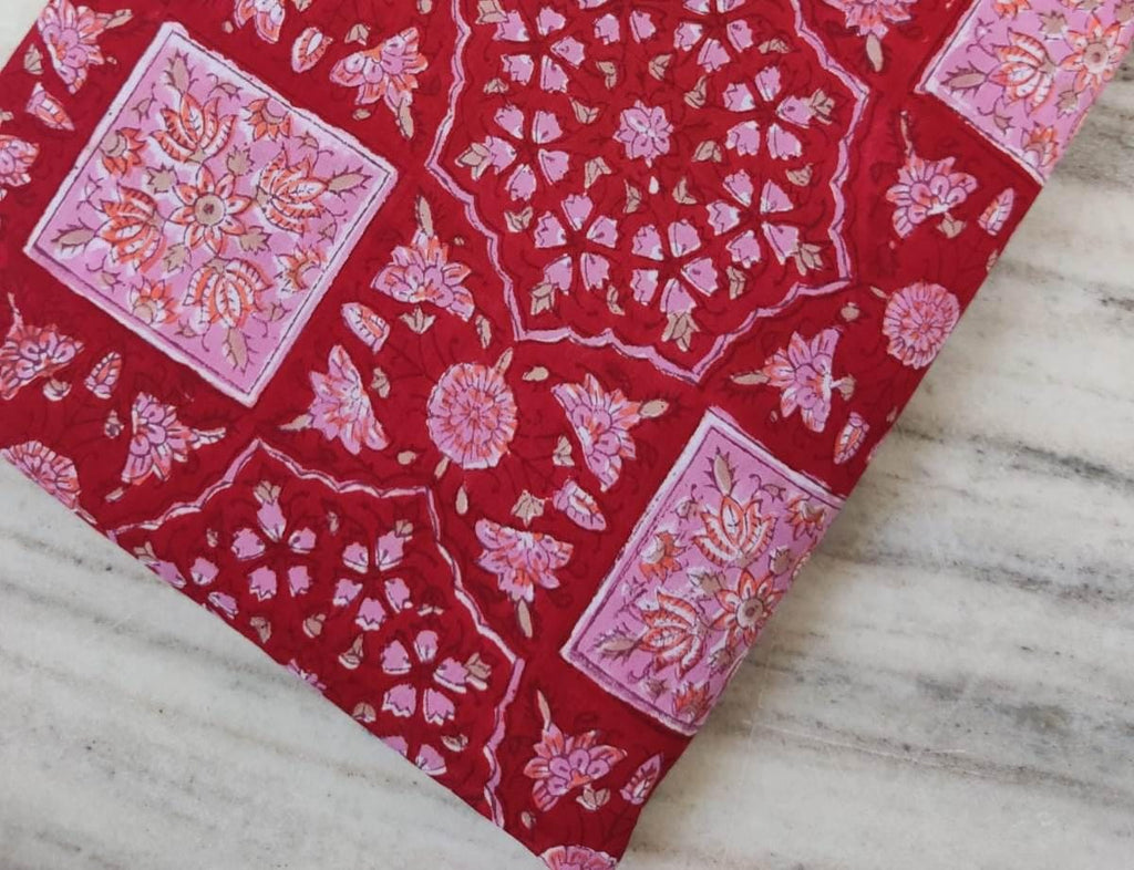 Red Designer Hand Block Print Fabric, Floral Cotton Quilting Fabric By The Yard, Dressmaking Fabric, Loose Running Fabric, Textile Fabric
