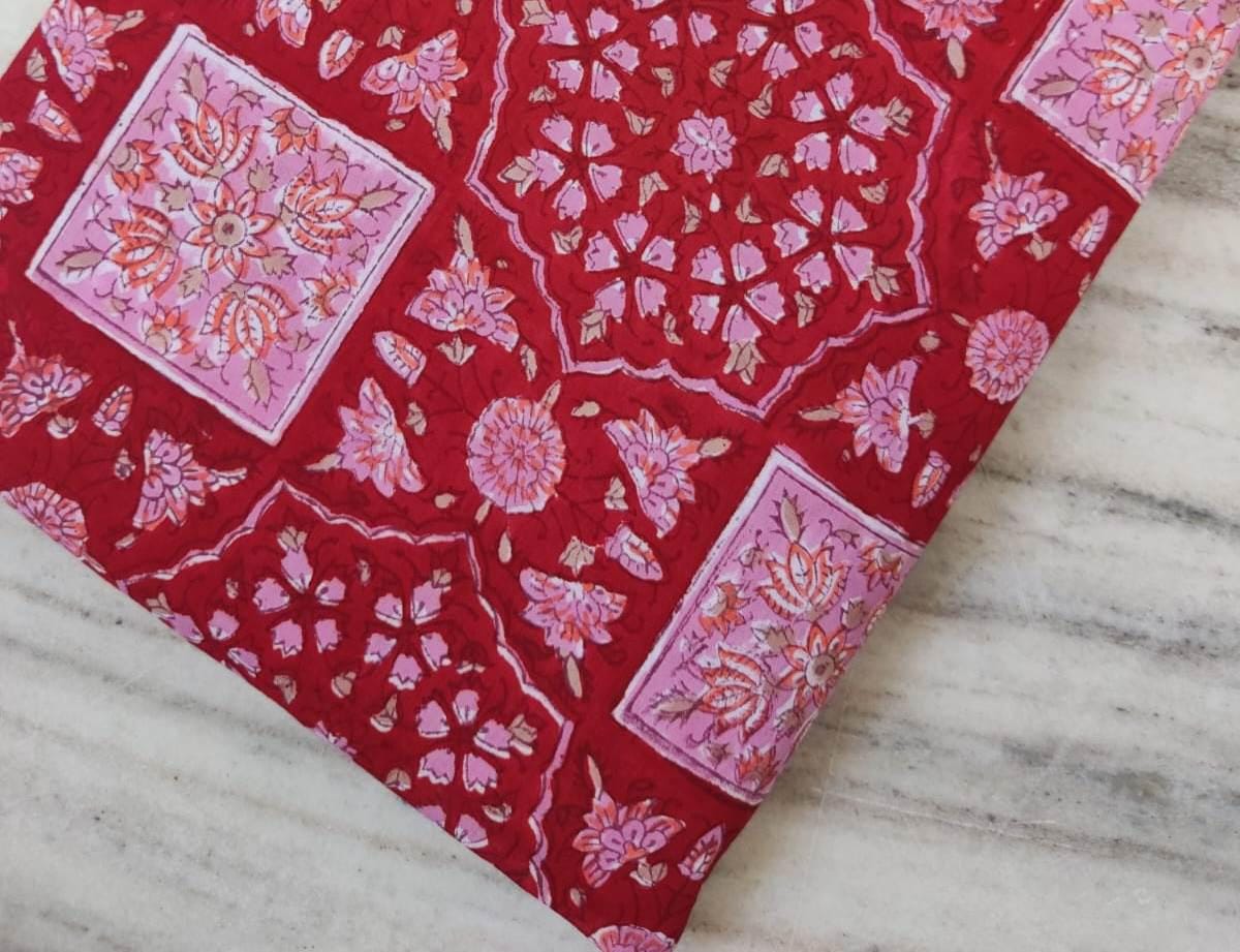Red Designer Hand Block Print Fabric, Floral Cotton Quilting Fabric By The Yard, Dressmaking Fabric, Loose Running Fabric, Textile Fabric