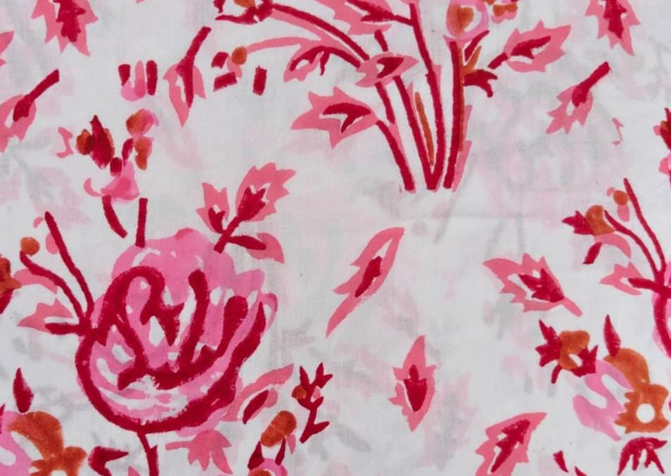 Pink Floral Cotton Fabric by the Yard | Hand Block Print Fabric | Indian Soft Cotton Material for Sewing, Quilting, Dressmaking & Crafts