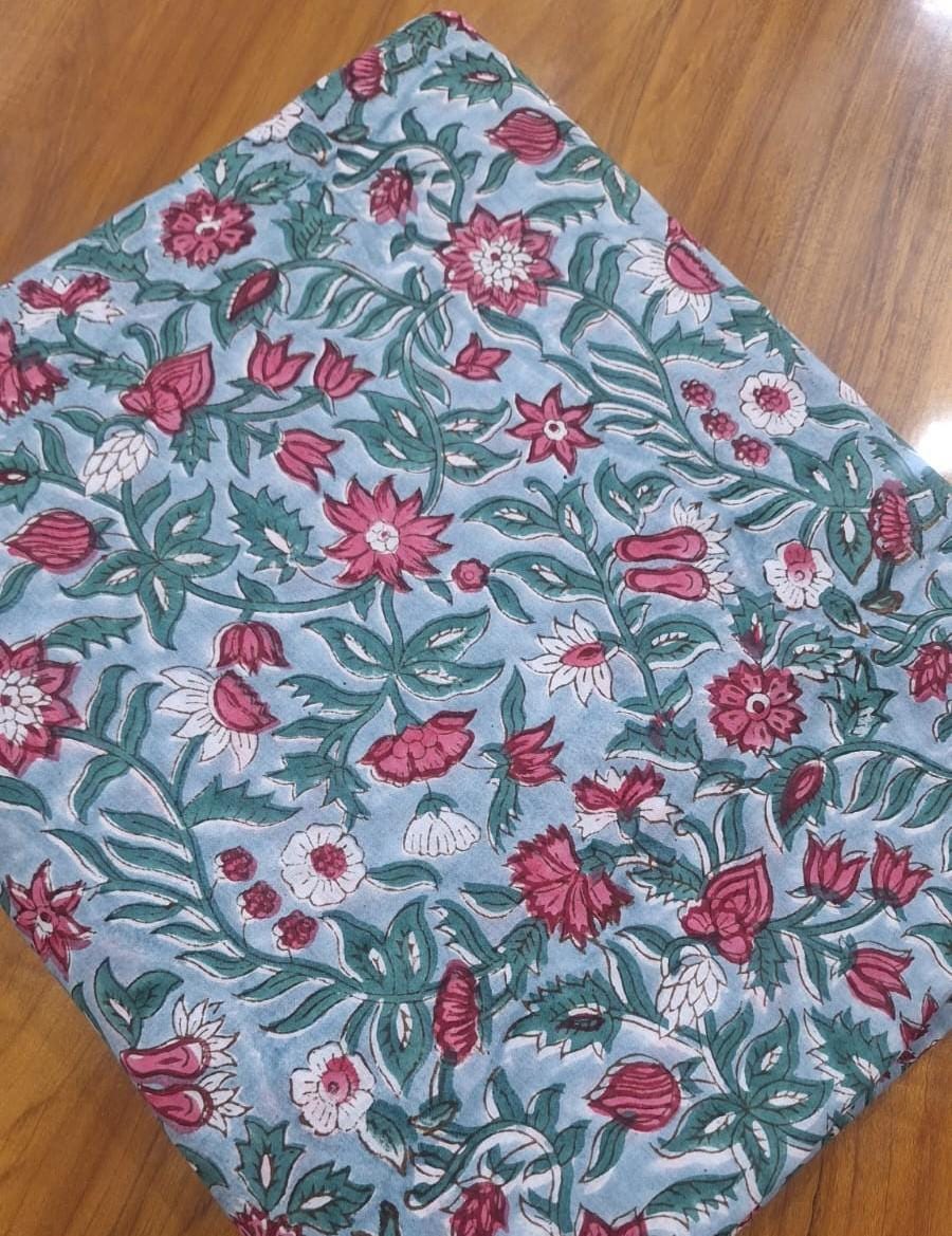 Light Blue Floral Cotton Fabric, Indian Block Print Fabric by Yard, Vintage Botanical Fabric, Soft Cotton Fabric, Dressmaking, Craft