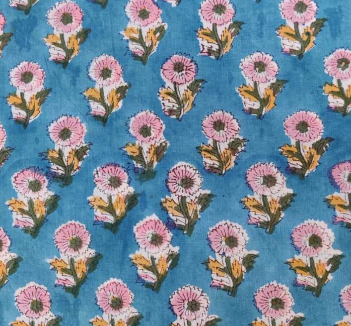 Blue Floral Cotton Fabric by the Yard | Pink Flower Hand Block Print Fabric | Sewing, Quilting, Dressmaking | Craft Cotton | Handmade Fabric