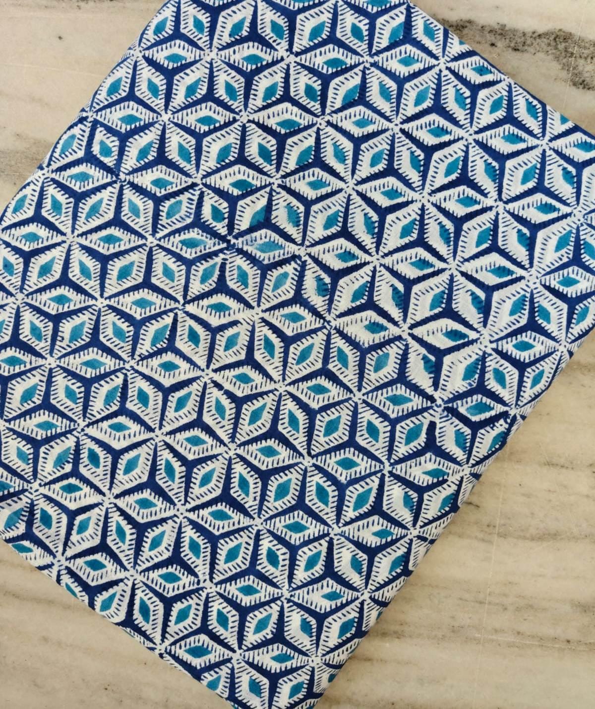 Blue Geometric Cotton Fabric by Yard, Indigo Cube Print Cotton, Lightweight Fabric for Sewing, Quilting, Dressmaking & DIY Projects, Napkins