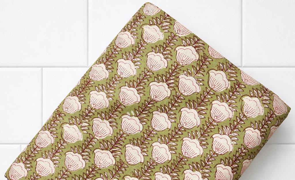 Green Indian Hand Block Print Fabric, Soft Cotton Fabric, Floral 100% Cotton Fabric By The Yard, Fabric For Loose Running, Textile Fabric