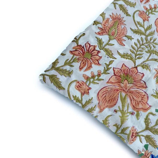 Floral Cotton Cushion Cover, Hand Block Print Pillow Cover, Peach Green Flower Print Throw Pillow, Boho Decorative Sofa Cushion, Home Decor