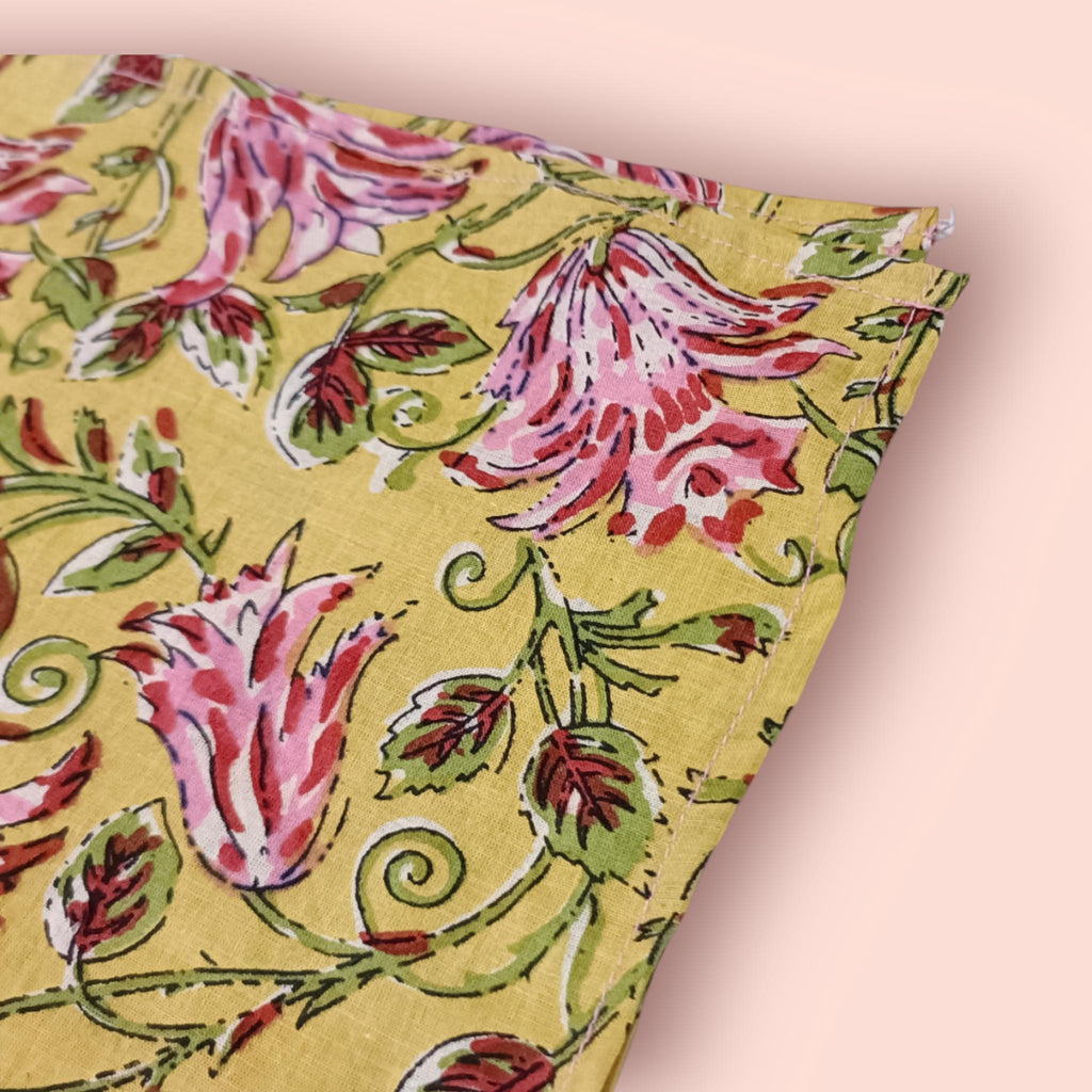 Yellow Floral Cotton Napkins | Hand Block Print Pink Flower Cloth Napkins | Reusable Dinner Napkins for Table Decor & Eco-Friendly Dining