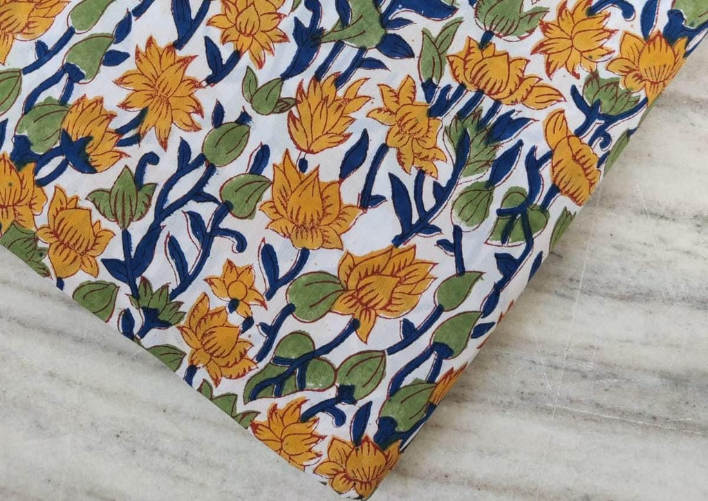 Yellow Floral Cotton Fabric, Hand Block Print Fabric by Yard, Indian Soft White Cotton for Quilting, Sewing, Dressmaking, Running Fabric