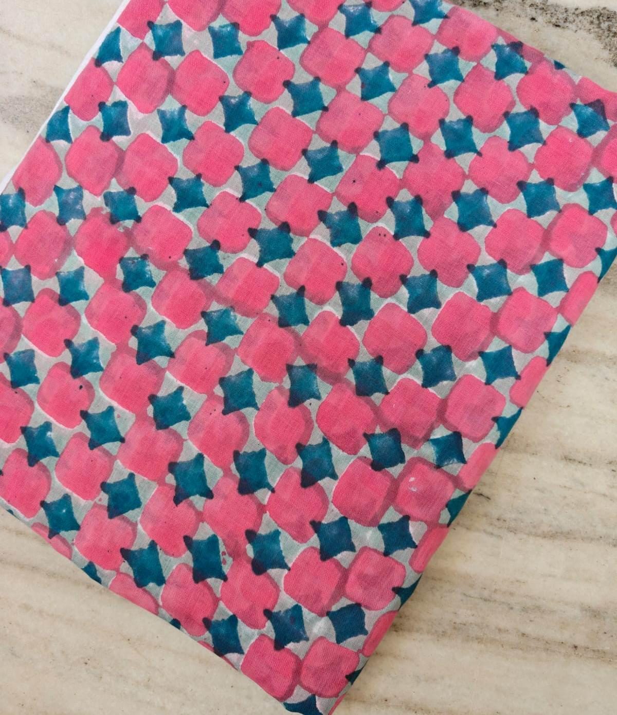Pink Blue Geometric Cotton Fabric, Hand Block Print Fabric, Indian Cotton Textile, Soft Lightweight Fabric, Dressmaking Fabric By The Yard