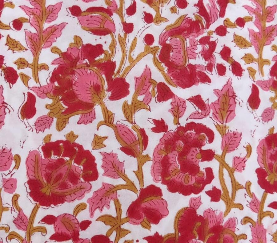 Pink Red Designer Hand Block Print Fabric, Floral 100% Cotton Quilting Fabric By The Yard, Fabric For Dress Making, Loose Running Fabric