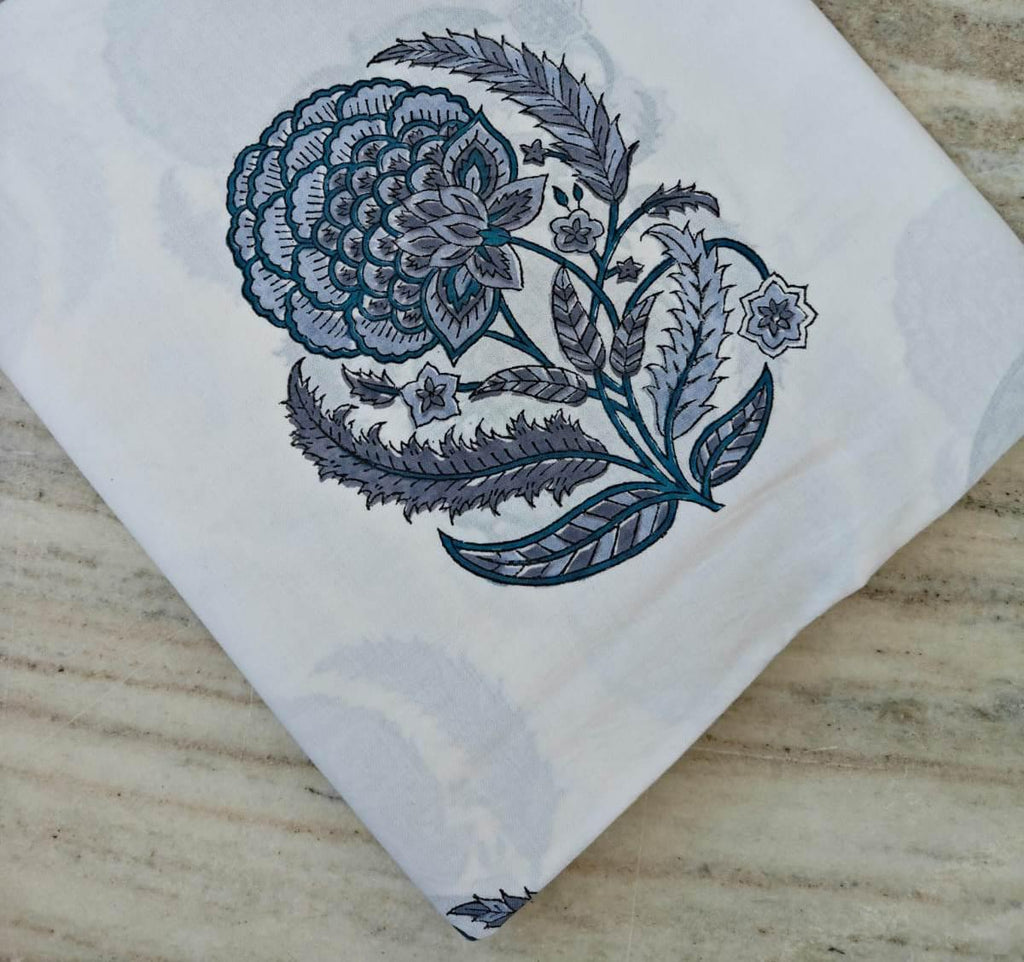 Indigo Blue Hand Block Print Cotton Fabric, White Floral Indian Fabric by the Yard, Soft Cotton for Quilting, Dressmaking, Running Fabric