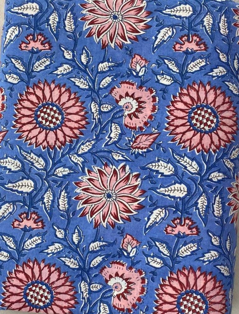 Blue Floral Cotton Fabric, Hand Block Print Fabric, Red Pink Flower Indian Cotton Fabric by Yard, Boho Quilting Sewing Dressmaking Fabric