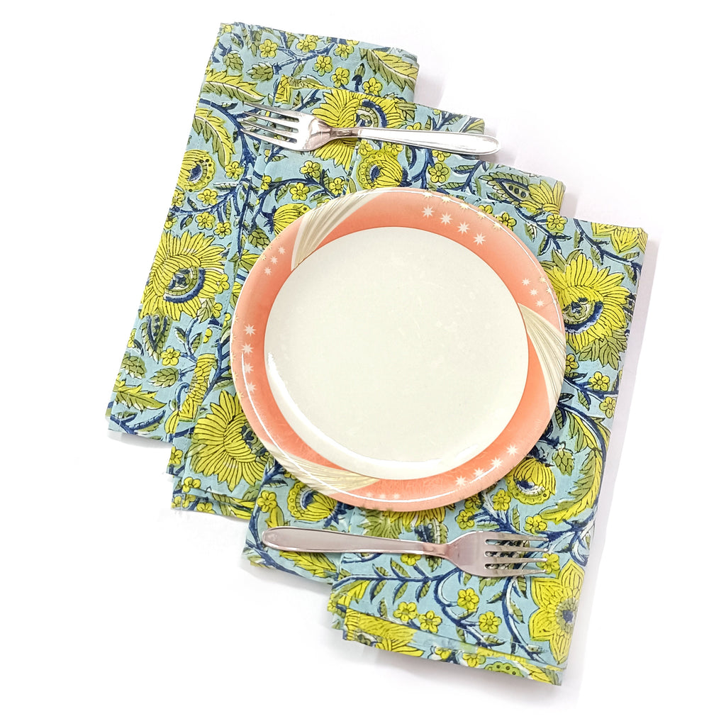 Handmade Organic Cotton Dinner Napkins: Floral Block Print, 20x20 Inches