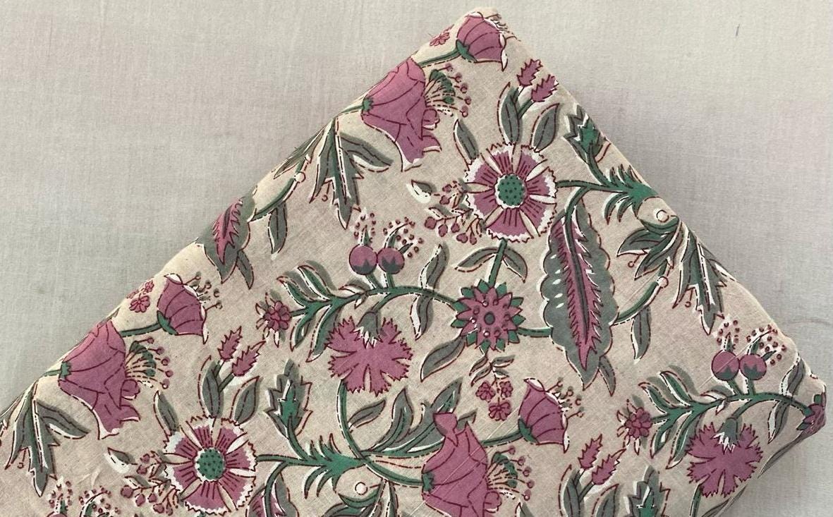 Hand Block Print Cotton Fabric: Indian Floral Quilting Fabric By The Yard