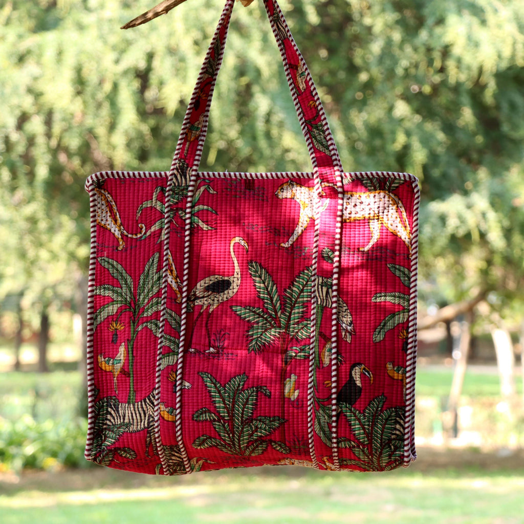 Pink Jungle Safari Print Bags, Handmade Quilted Tote Bag, Cotton Quilted Tote Bag, Indian Bags Shopping Bags, Beach Bag, Shoulder Bags Gift