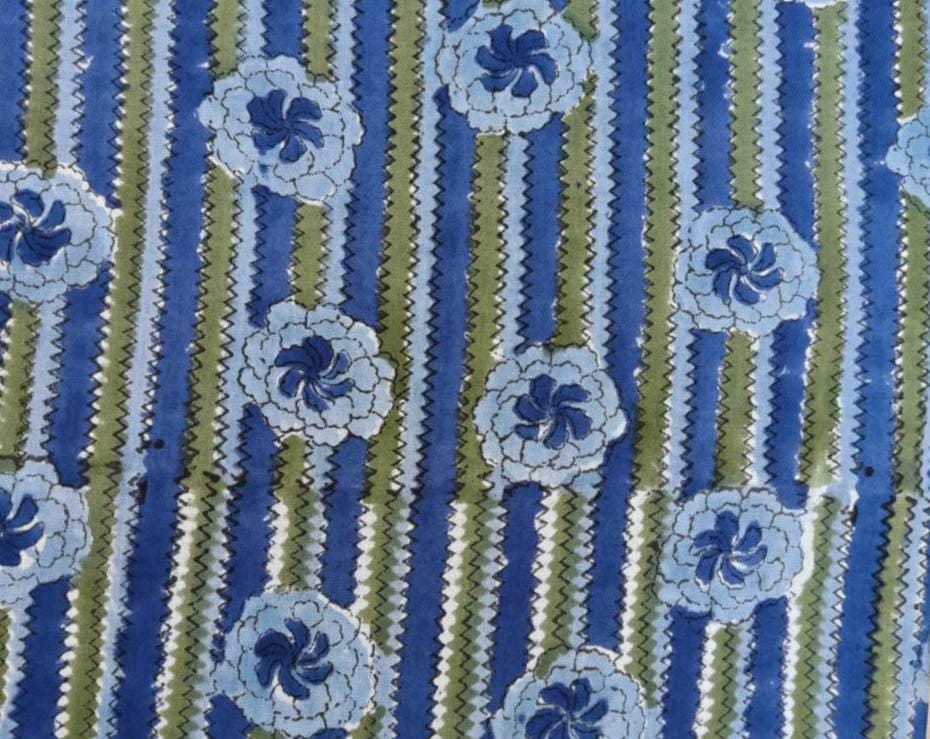 Soft Cotton Blue & Green Floral Striped Cotton Fabric, Indian Hand Block Print Fabric, Floral 100% Cotton Fabric By The Yard, Running Fabric