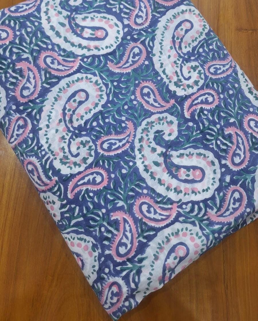 Blue Paisley Cotton Fabric, Indian Paisley Print Fabric by Yard, Boho Cotton Fabric, Block Print Style Fabric for Quilting, Dressmaking