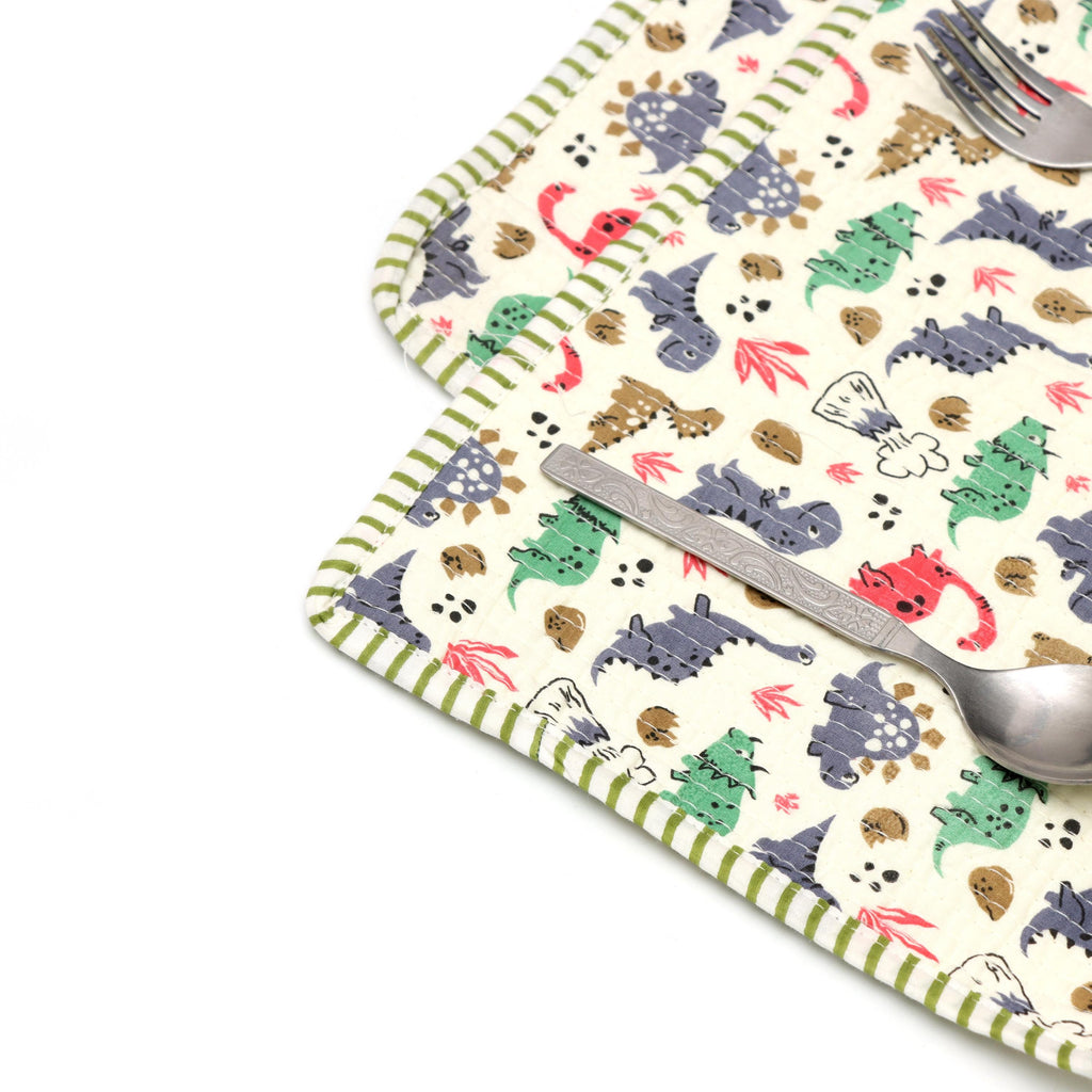 Dinosaur Quilted Placemats Set, Kids Cotton Table Mats, Cute Dino Dining Decor, Indian Elephant Print Mini Placement, Personalised Gifts