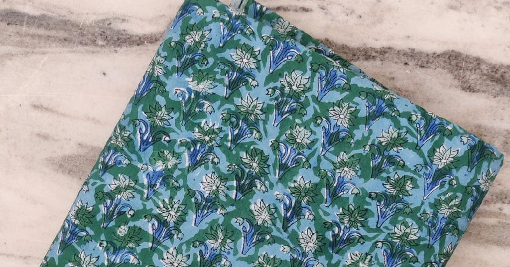 Blue Green Floral Cotton Fabric, Indian Hand Block Print Fabric, Floral 100% Cotton Fabric By The Yard, Loose Running Fabric, Textile Fabric
