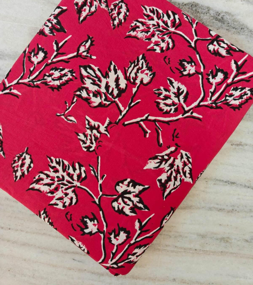 Red Floral Soft Cotton Fabric, Black and White Leaf Print Fabric, Indian Hand Block Print Fabric By The Yard, Fabric for Loose Running