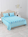 Turquoise Blue Cotton Bedsheet Set, Floral Printed Bedspread with Pillow Covers, Soft Breathable Bedding, Queen Size Sheet, Summer Bed Linen
