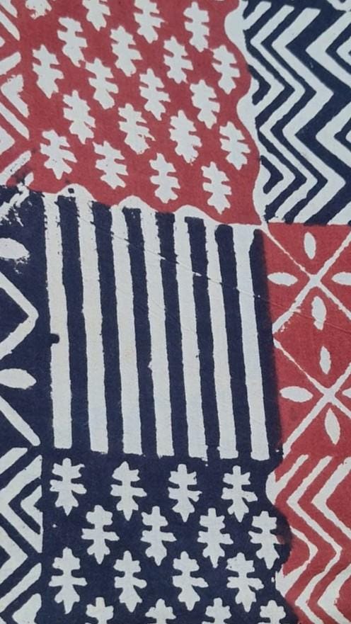 Red Blue Patchwork Cotton Fabric, Geometric Block Print Fabric, Indian Hand Block Print Cotton Fabric by Yard, Boho Patchwork Fabric Napkins