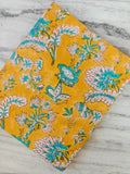 Yellow Floral Cotton Fabric by Yard, Teal Pink Hand Block Print Fabric, Indian Cotton Material for Dress, Quilting, Craft & Home Decor