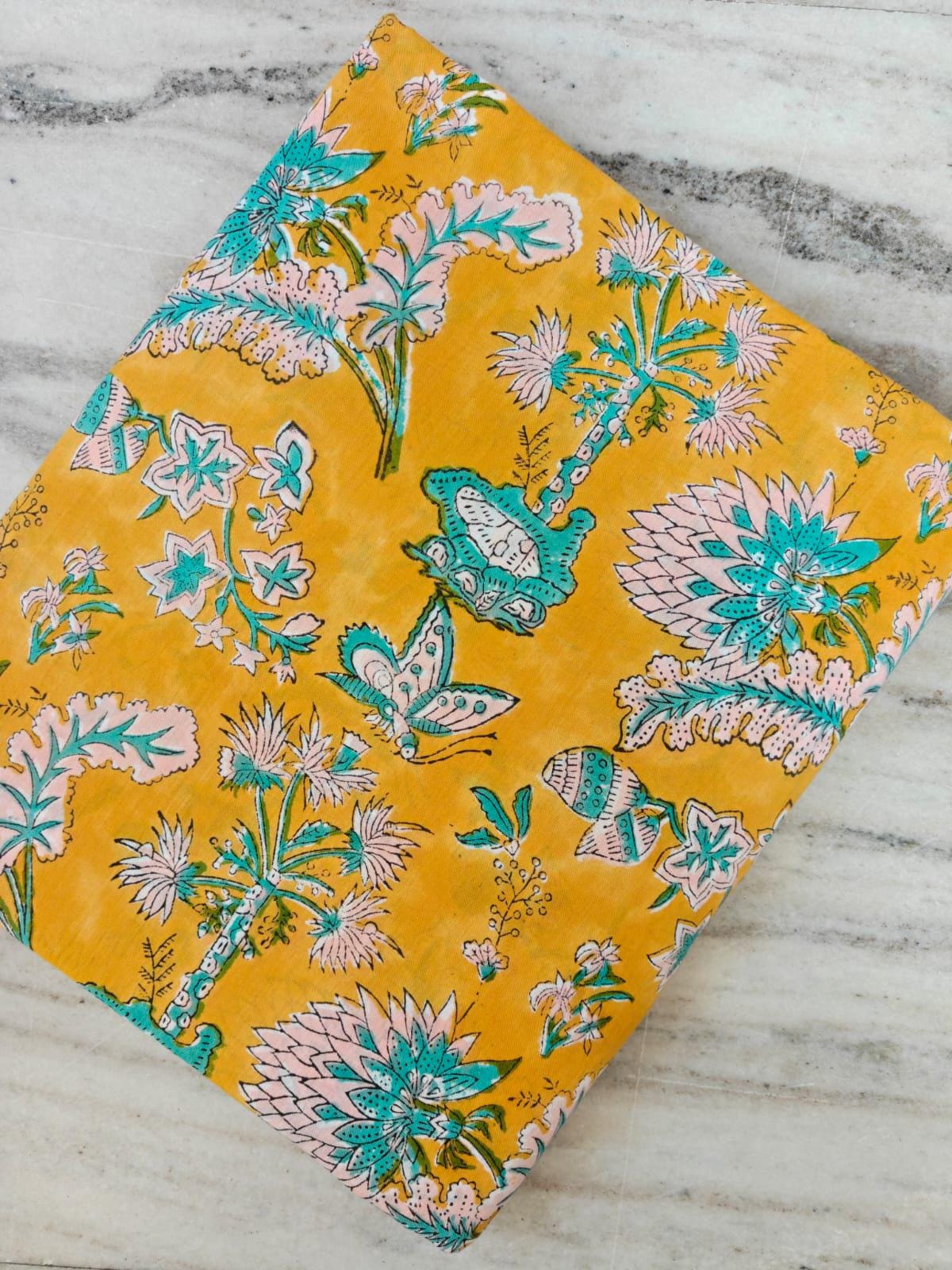 Yellow Floral Cotton Fabric by Yard, Teal Pink Hand Block Print Fabric, Indian Cotton Material for Dress, Quilting, Craft & Home Decor