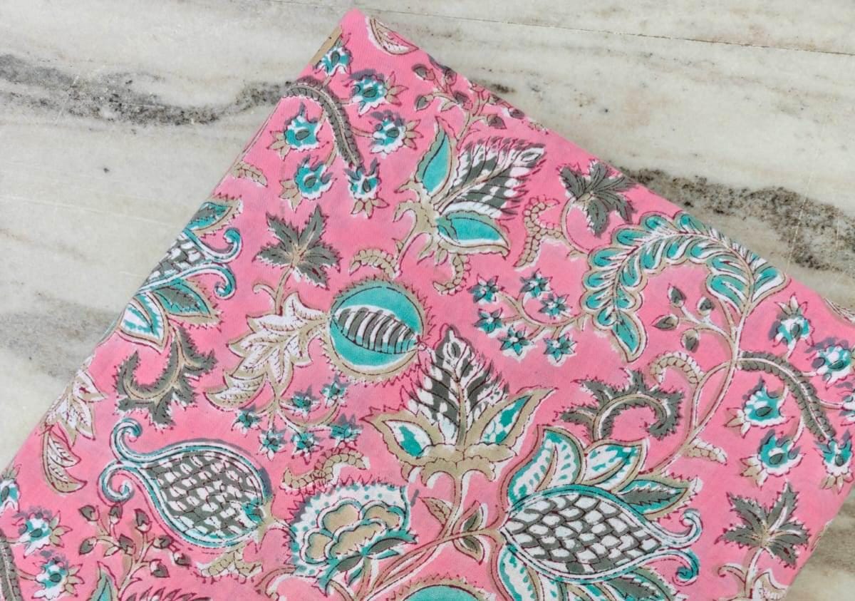 Pink Floral Cotton Fabric, Red Orange Hand Block Print by the Yard, Indian Soft Cotton for Quilting, Dressmaking, Sewing & Crafts, Gifts