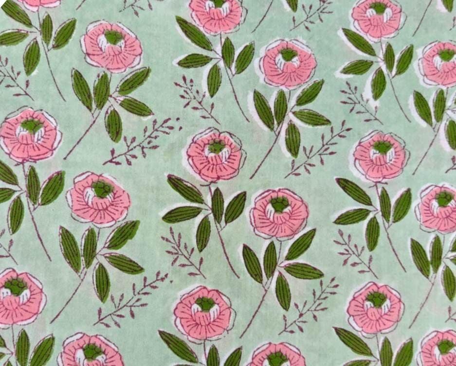 Beautiful Red Green Indian Hand Block Print Fabric, Floral 100% Cotton Quilting Fabric By The Yard, Chakra Design Fabric Dress Making
