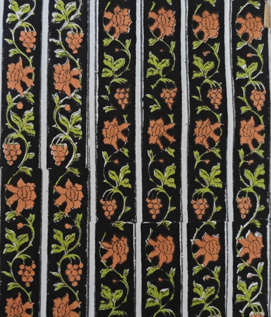 Black Floral Stripe Cotton Fabric – Orange & Green Block Print Fabric by the Yard – Indian Handmade Sewing Textile For Dress Making, Napkins