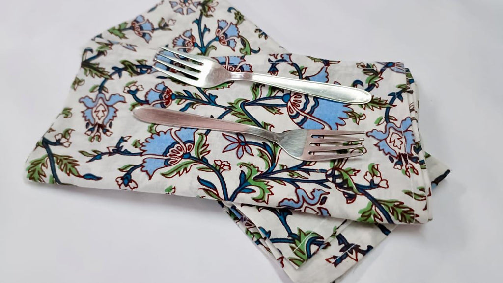 Floral Cotton Dinner Napkins, Set of 4 - Hand Block Printed