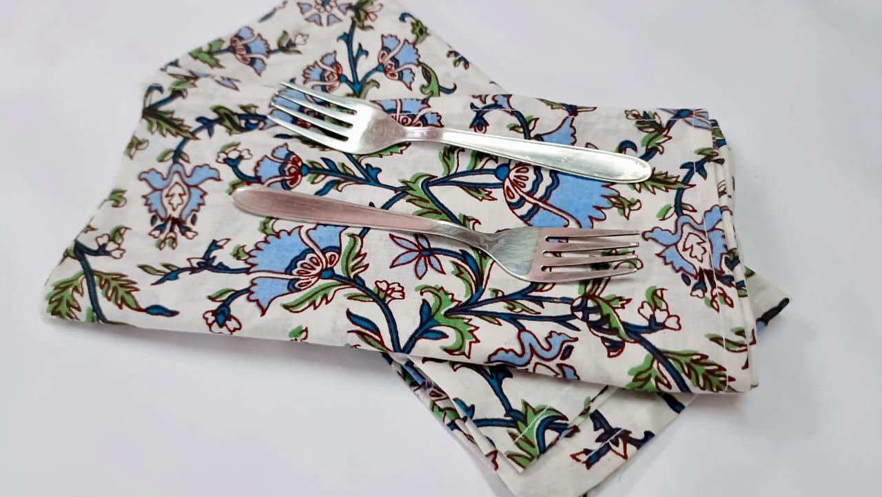 Floral Cotton Dinner Napkins, Set of 4 - Hand Block Printed