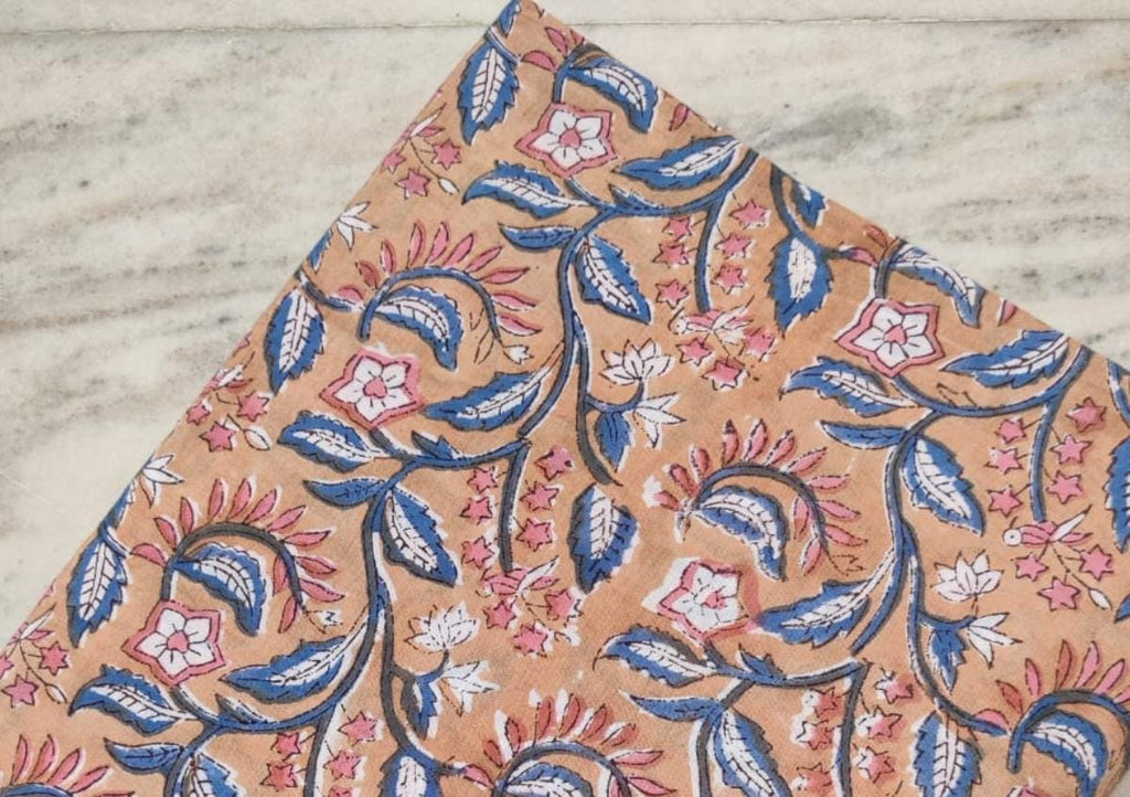Pink & Blue Indian Hand Block Print Fabric, 100% Cotton Quilting Fabric By The Yard, Dressmaking Fabric, Loose Running Fabric, Napkin Fabric