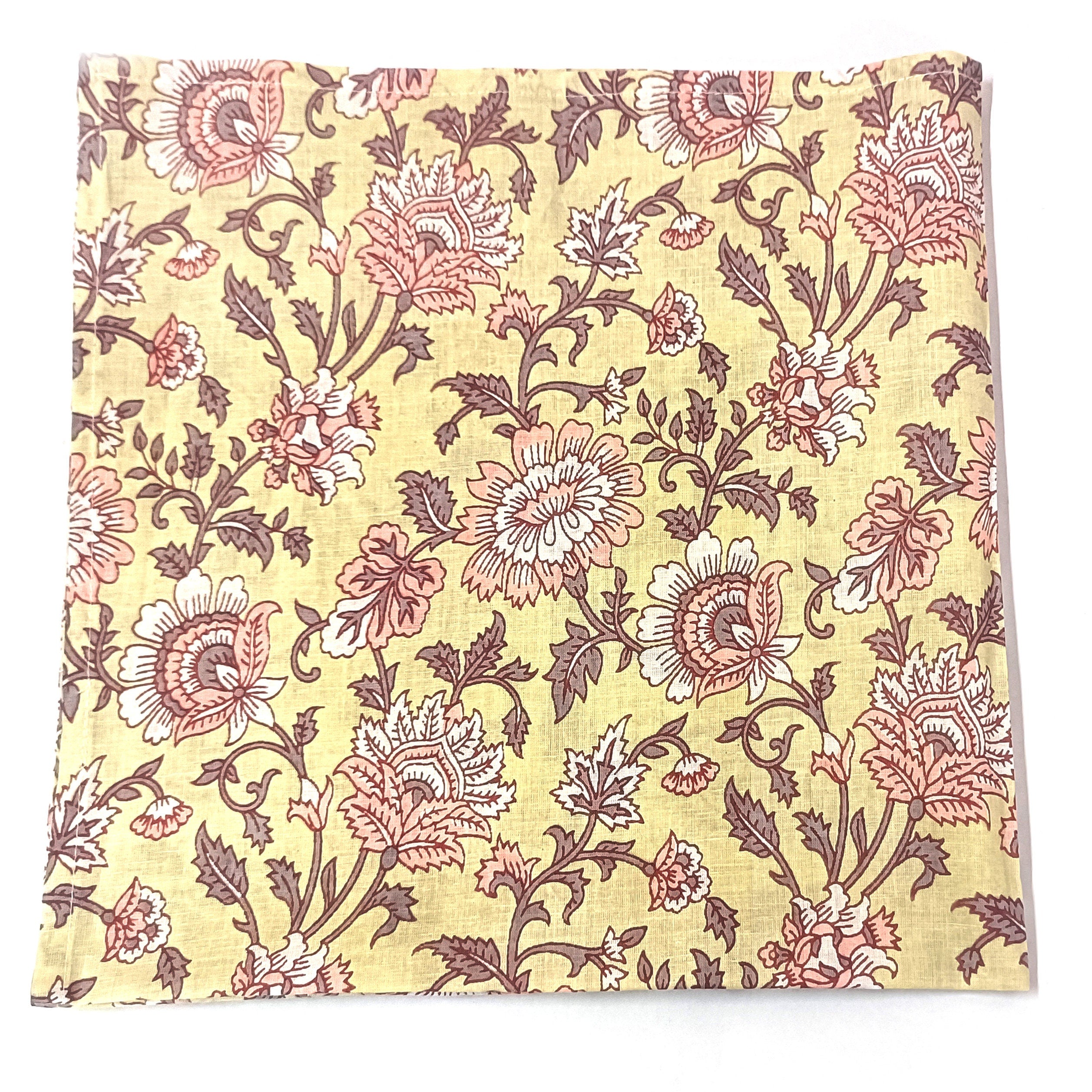 Hand Printed Cotton Dinner Napkins: Floral Block Print, Set of 4