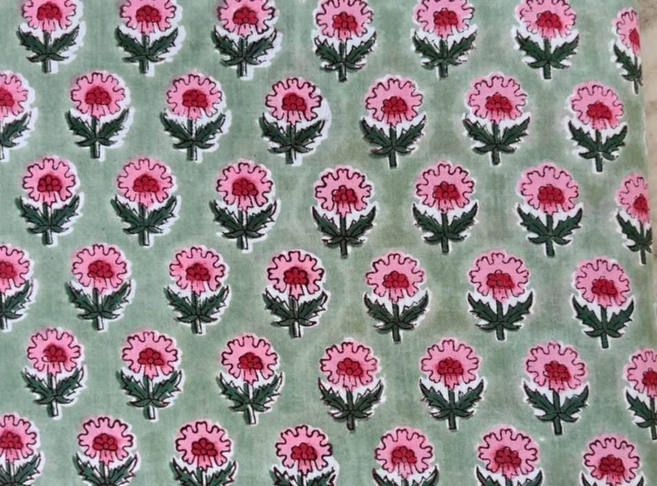 Pink Green Block Print Cotton Fabric | Floral Stripe Printed Fabric by the Yard | Soft Cotton for Sewing, Quilting, Dressmaking, Crafts