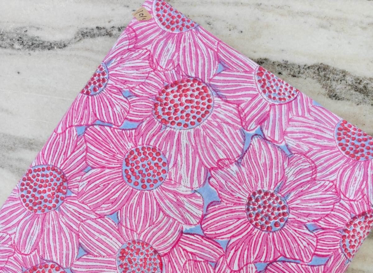 Pink Floral Cotton Fabric, Red Orange Hand Block Print by the Yard, Indian Soft Cotton for Quilting, Dressmaking, Sewing & Crafts, Gifts
