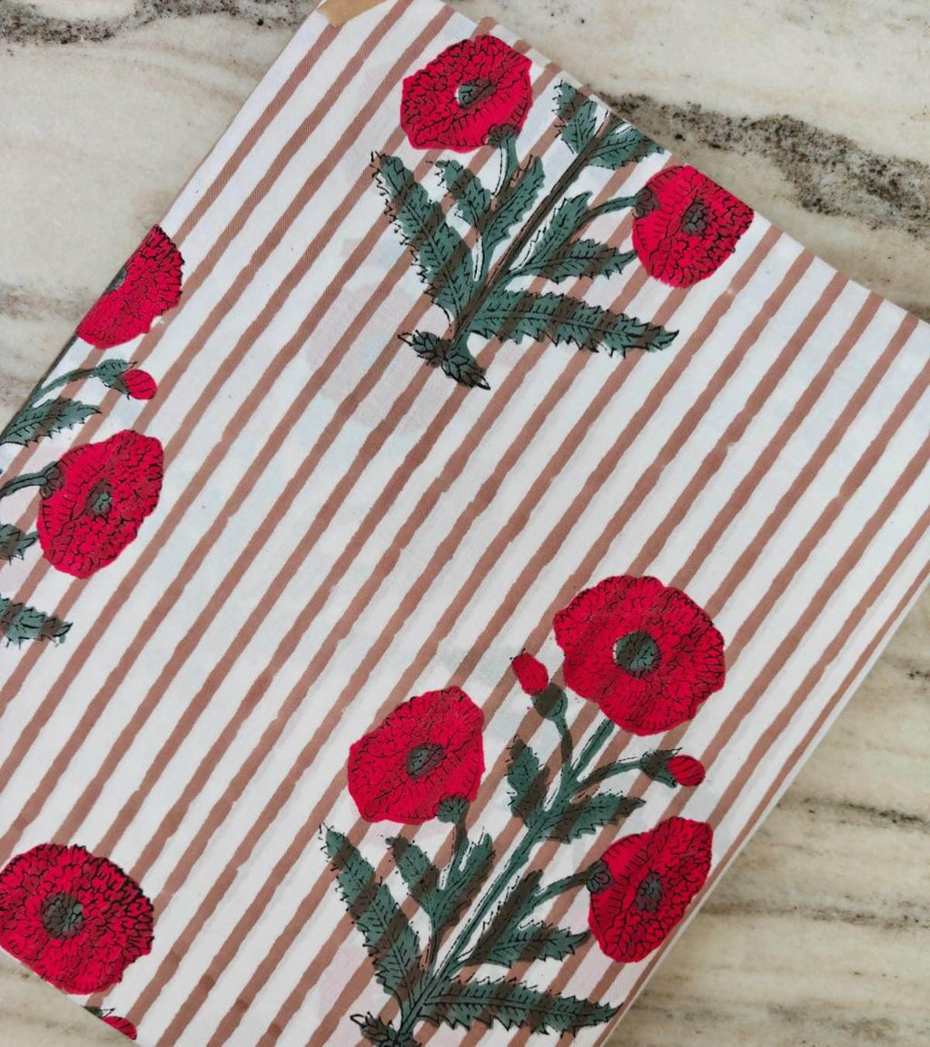 Floral Cotton Fabric with Red Poppy Print, Striped Background, Lightweight Cotton Yardage, Dressmaking Quilting Fabric, Botanical Textile