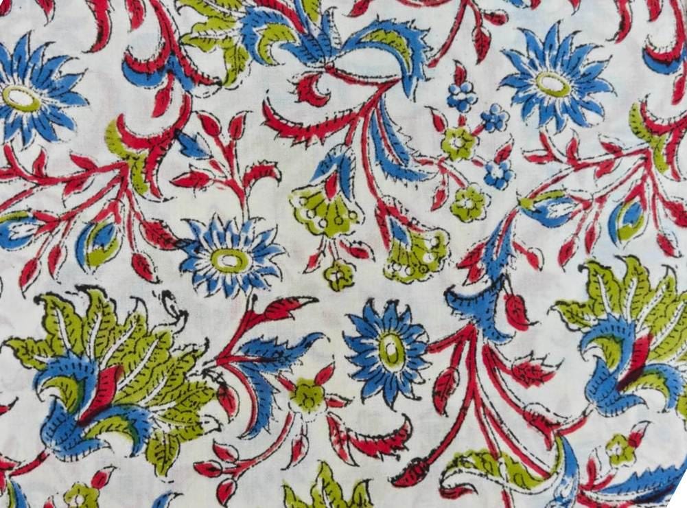 Floral Cotton Fabric, Block Print Fabric, Indian Hand Block Print Fabric, Boho Flower Fabric, Red Blue Green Fabric by Yard, Craft Fabric