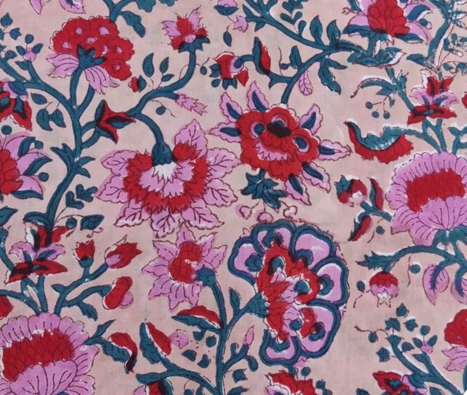 Pink Cotton Fabric with Red & Purple Floral Print, Hand Block Print Fabric by the Yard, Soft Indian Cotton for Quilting, Dressmaking Crafts