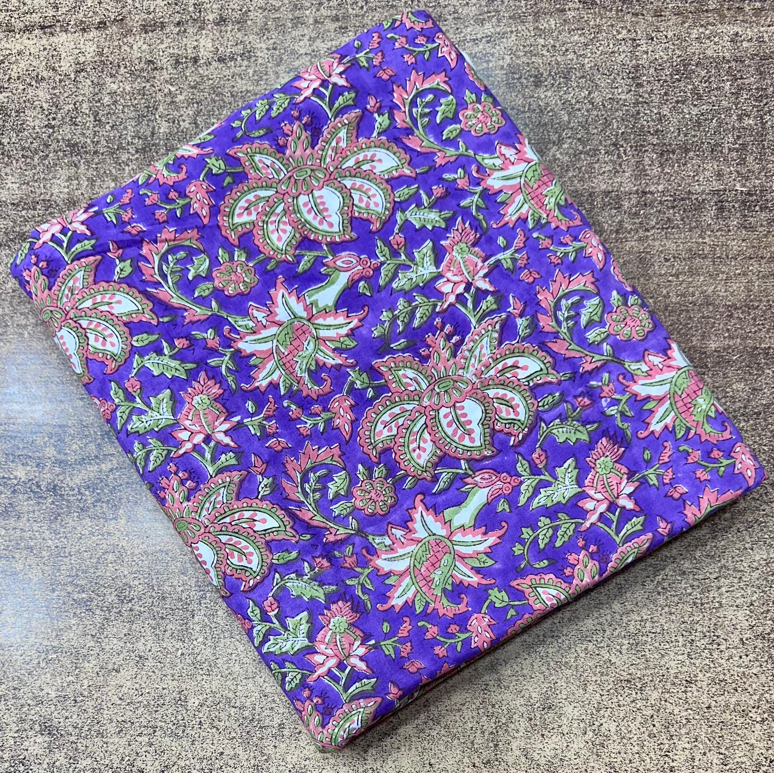 Purple Floral Hand Block Print Cotton Fabric, Indian Block Printed Fabric by Yard, Boho Flower Cotton Fabric for Dressmaking, Quilting