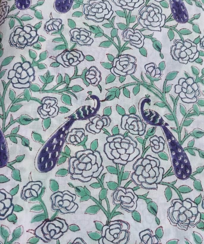Peacock Designer Hand Block Print Fabric, Floral 100% Cotton Quilting Fabric By The Yard, Fabric For Dress Making, Loose Running Fabric