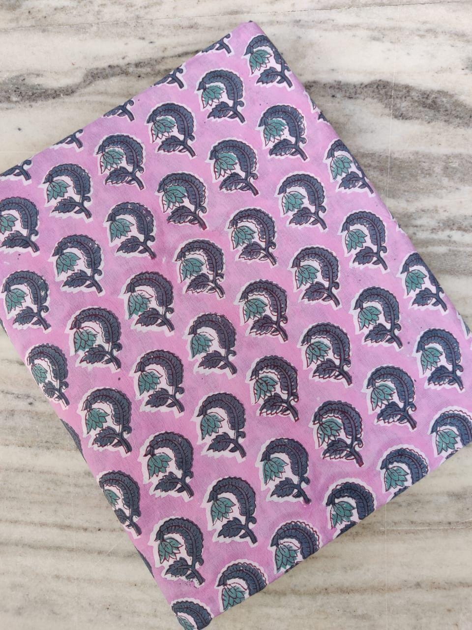 Pink Paisley Hand Block Print Cotton Fabric | Indian Soft Cotton by the Yard | Ethnic Leaf Motif for Quilting, Sewing, Dressmaking