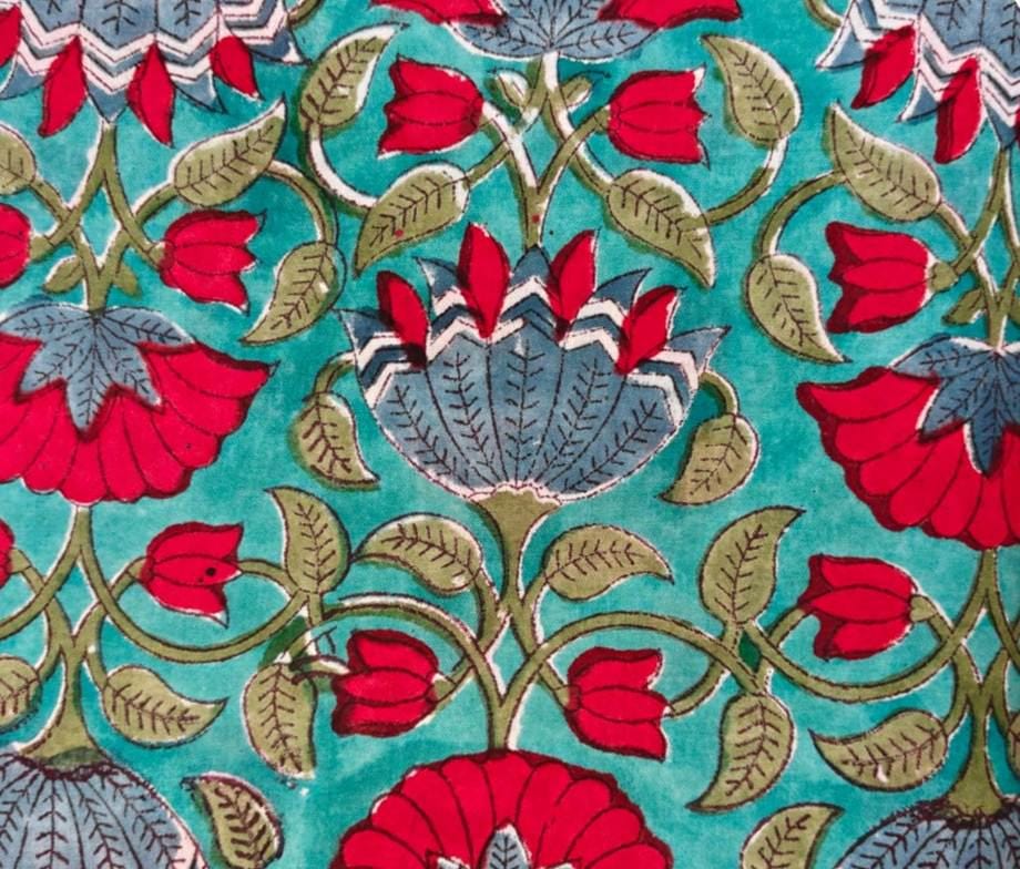 Hand Block Print Cotton Fabric, Floral Indian Fabric, Teal Red Flower Print, Soft Lightweight Cotton by Yard, Quilting Sewing Craft Fabric