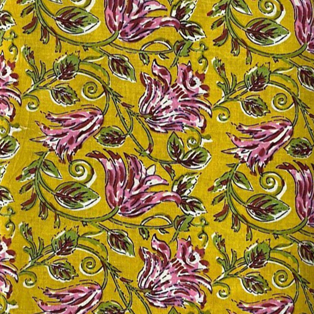 Mustard Floral Cotton Cushion Cover, Hand Block Print Pillow Cover, Pink Flower Print Throw Pillow, Boho Decorative Cushion, Home Decor