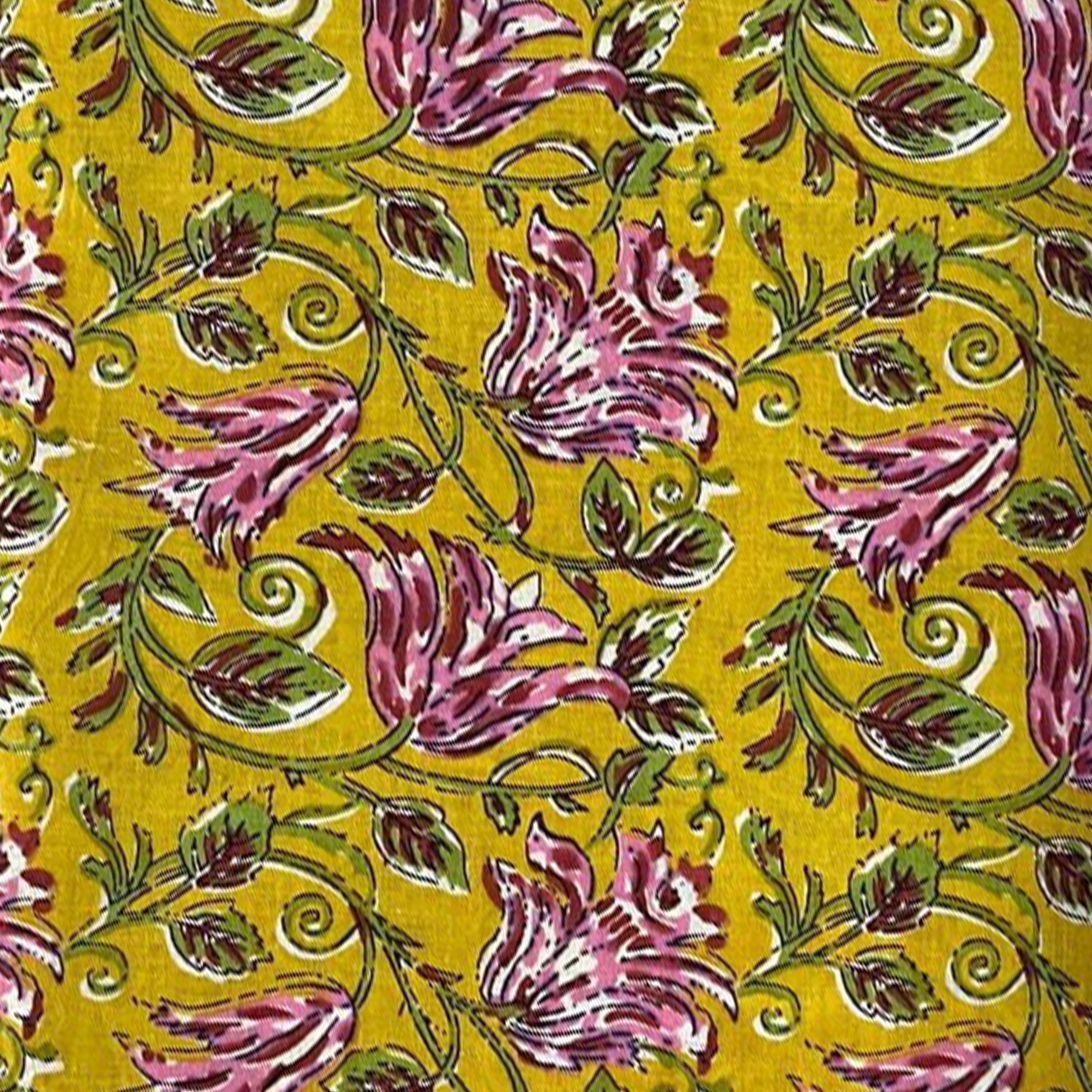 Mustard Floral Cotton Cushion Cover, Hand Block Print Pillow Cover, Pink Flower Print Throw Pillow, Boho Decorative Cushion, Home Decor