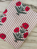 Floral Cotton Fabric with Red Poppy Print, Striped Background, Lightweight Cotton Yardage, Dressmaking Quilting Fabric, Botanical Textile