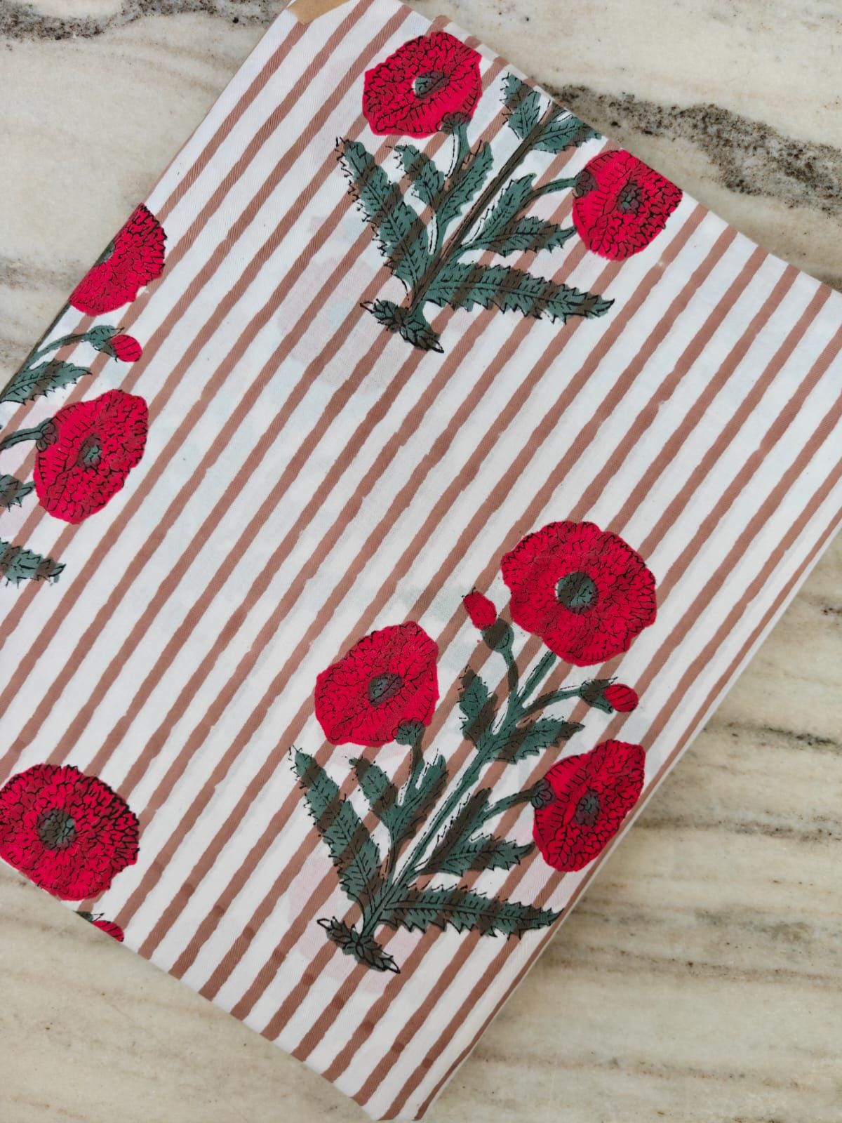 Floral Cotton Fabric with Red Poppy Print, Striped Background, Lightweight Cotton Yardage, Dressmaking Quilting Fabric, Botanical Textile