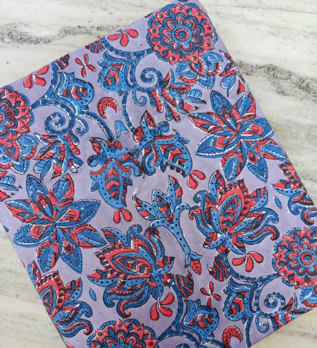 Lavender Blue Floral Cotton Fabric, Indian Block Print Style, Boho Flower Fabric, Soft Breathable Fabric for Sewing, Quilting, Dressmaking