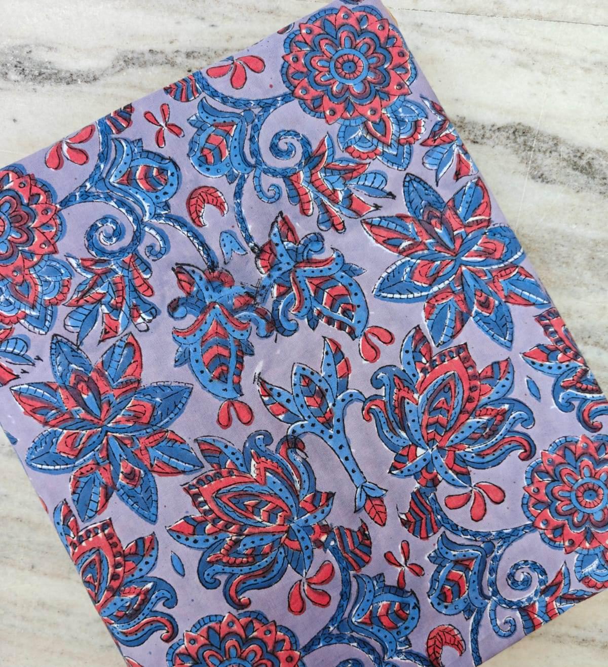Lavender Blue Floral Cotton Fabric, Indian Block Print Style, Boho Flower Fabric, Soft Breathable Fabric for Sewing, Quilting, Dressmaking