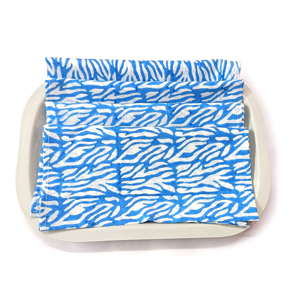 Blue Abstract Print Cotton Napkin Set, Hand Block Printed Cloth Napkins, Reusable Eco Friendly Dinner Napkins, Modern Table Linen, Sustainable Kitchen Decor Set of 4